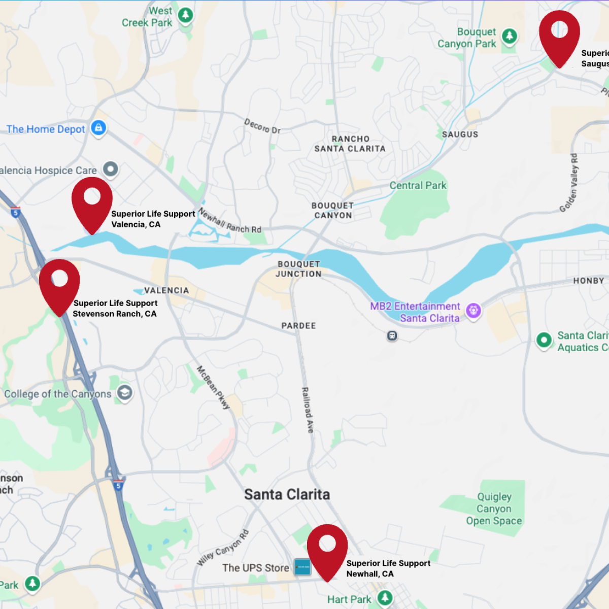 Map showing four Superior Life Support locations in the Santa Clarita Valley